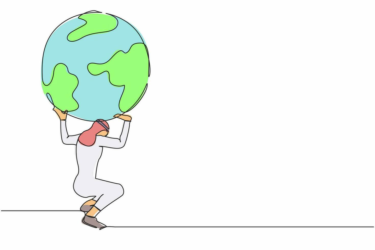 Continuous one line drawing Arab businessman carrying heavy globe on his back. Natural resources responsibility, earth exploitation, industrial pollution. Single line draw design vector illustration