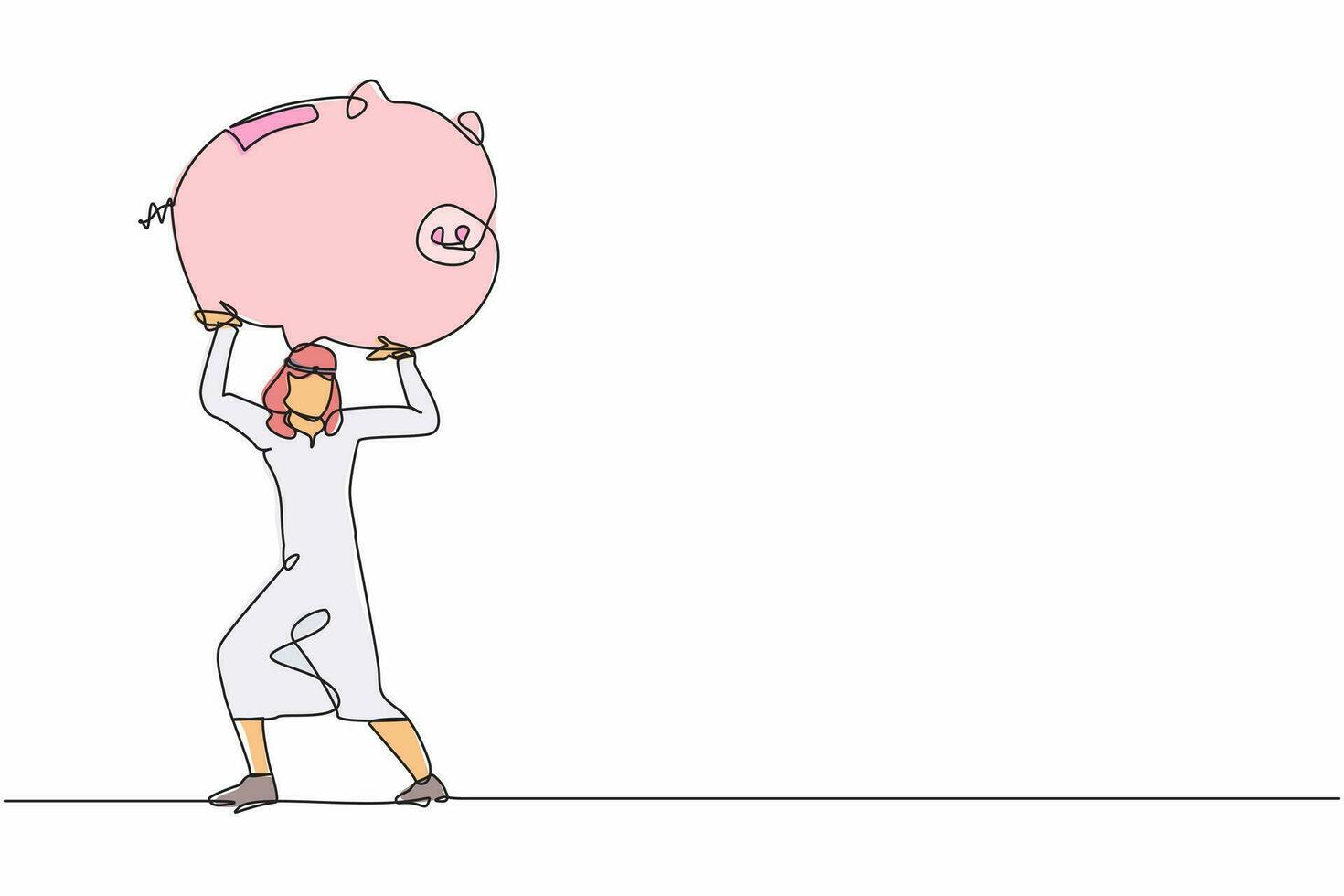 Single continuous line drawing Arab businessman carrying heavy piggy bank on his back. Male manager with financial problems. Losing money in economic crisis. One line draw design vector illustration