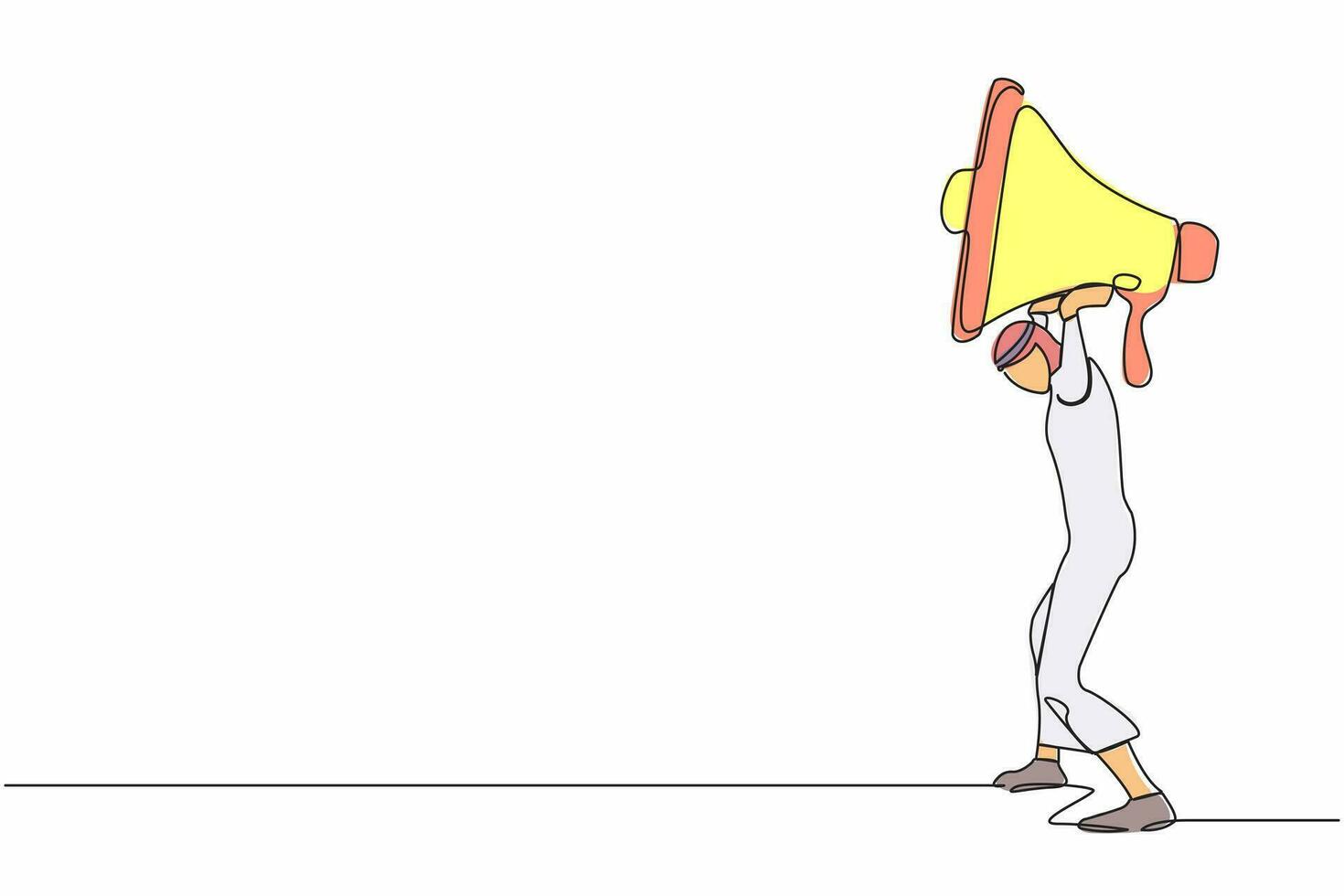 Continuous one line drawing Arabian businessman carrying heavy megaphone on his back. Troubles in communication. Bullying, harassment at work, families. Single line design vector graphic illustration