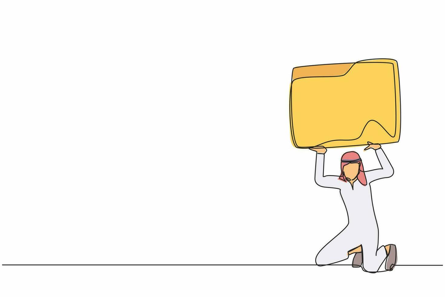 Single one line drawing Arab businessman carrying folder icon on his back. Stressed worker due to overwhelming flow of work. Despair, exhausted, frustration. Continuous line design vector illustration