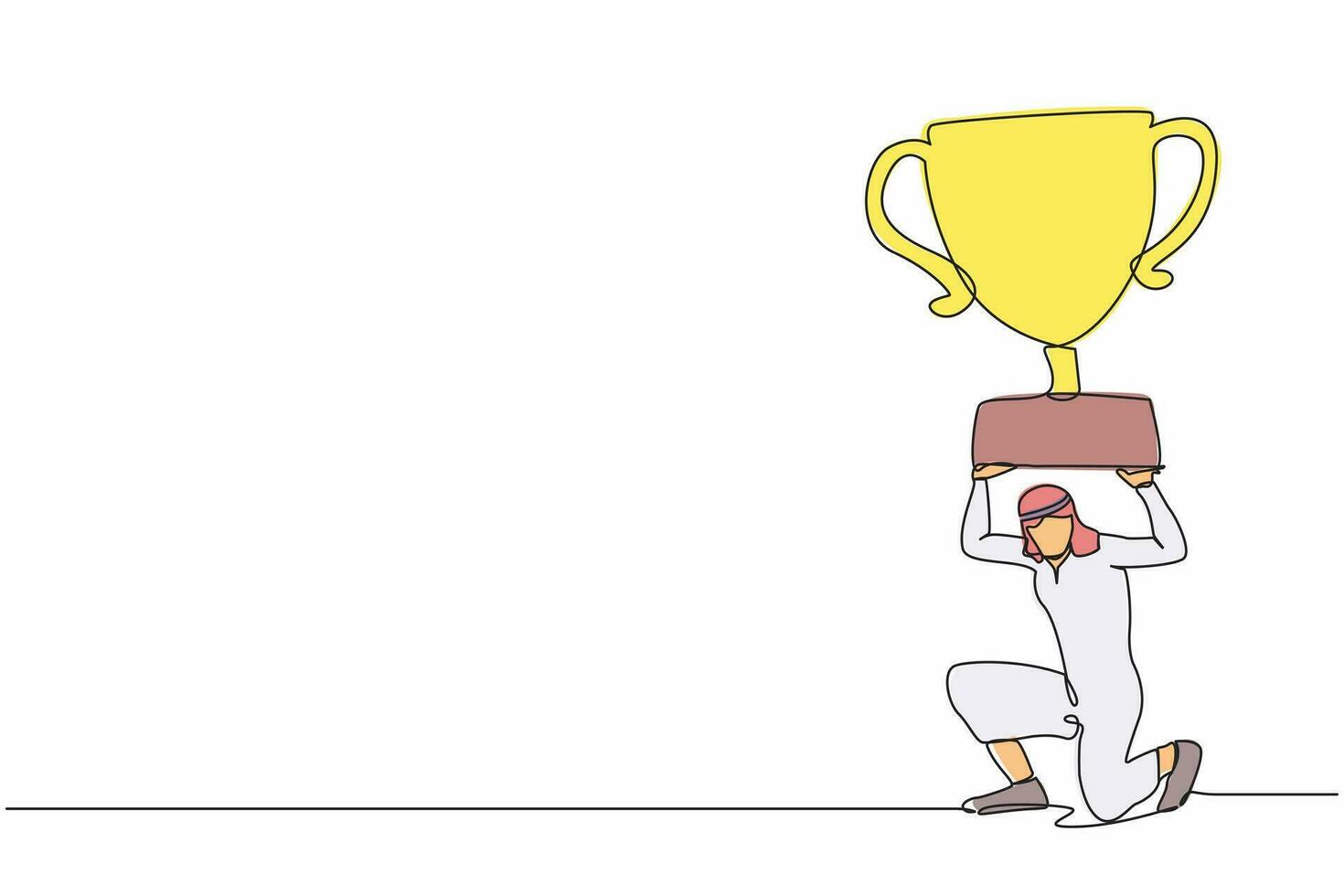 Single one line drawing Arabian businessman carrying heavy trophy on his back. Office manager failed to win competition or business goals achievement. Continuous line draw design vector illustration