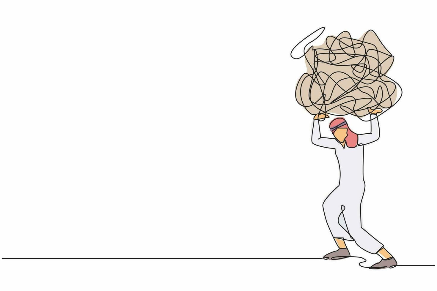 Single one line drawing Arabian businessman carrying heavy messy line on his back. Problem in economic crisis, pressure from too much responsibility. Continuous line design graphic vector illustration