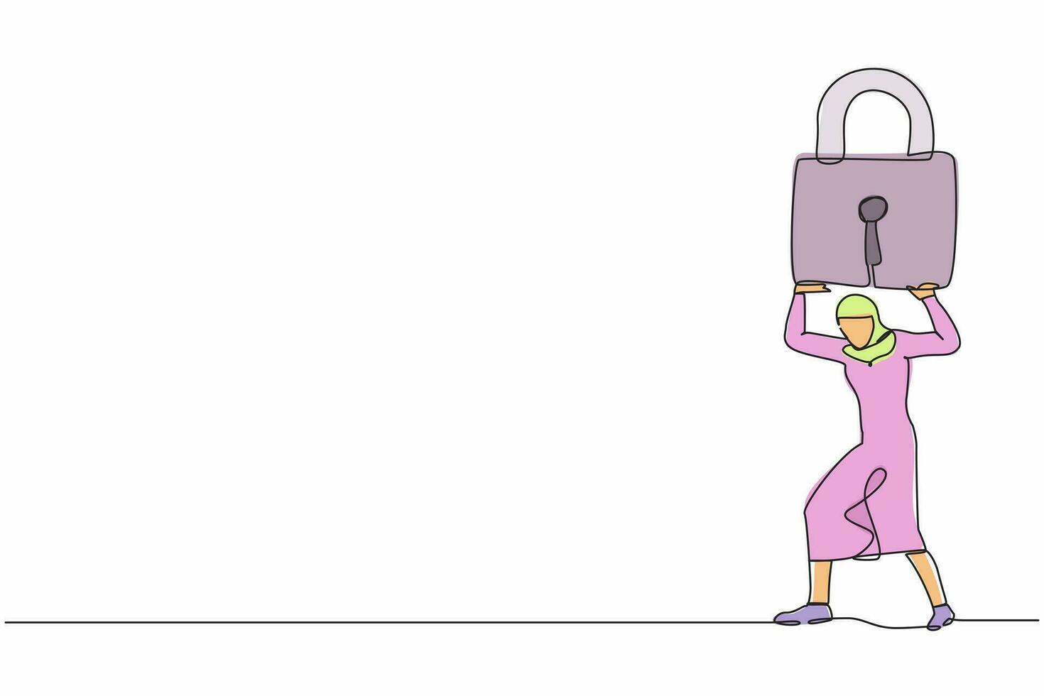 Single one line drawing Arab businesswoman carrying heavy padlock on her back. Business closing down or bankruptcy in Covid-19 pandemic lockdown crisis. Continuous line draw design vector illustration