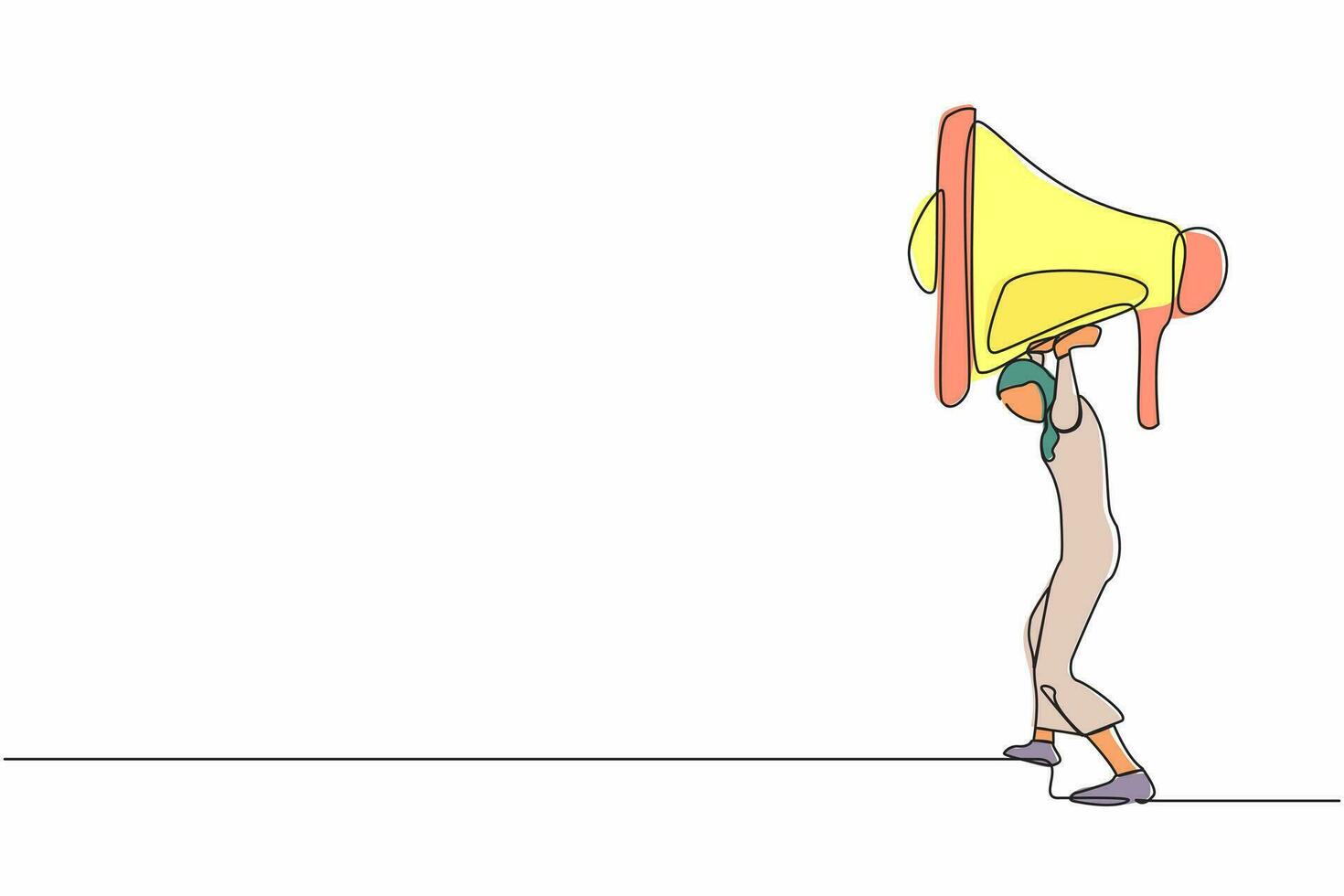 soltero continuo línea dibujo árabe mujer de negocios que lleva pesado megáfono en su atrás. conflicto y problema en comunicación. acoso, acoso a trabajar. uno línea dibujar diseño vector ilustración