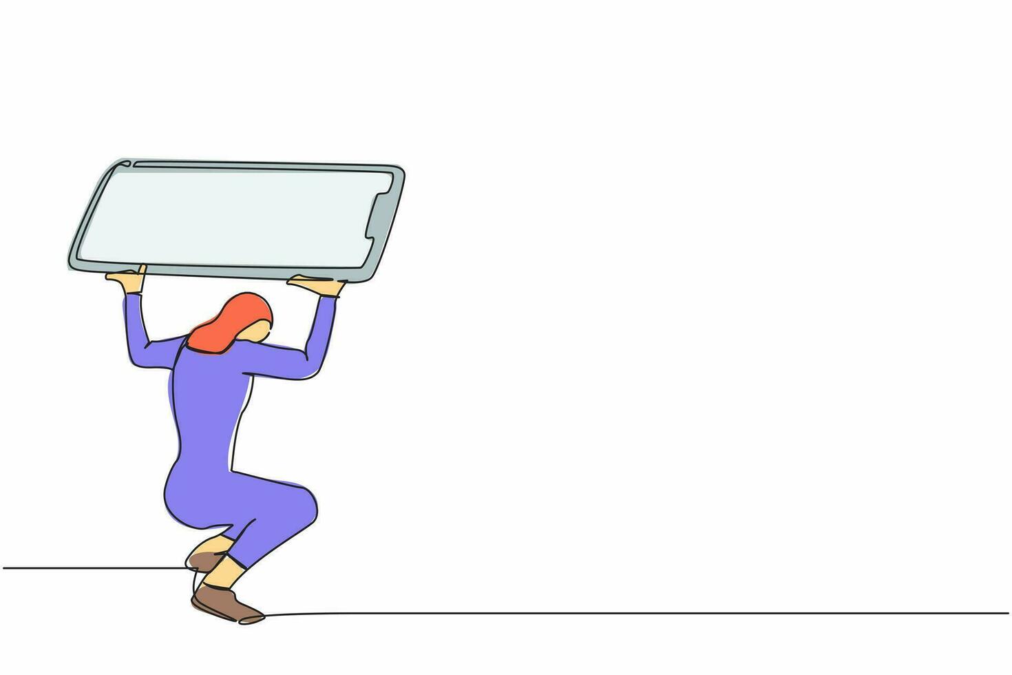 Single continuous line drawing Arab businesswoman carrying heavy smartphone on her back. Feeling stressed and tired. Exhaustion, depression, overwork problem. One line draw design vector illustration