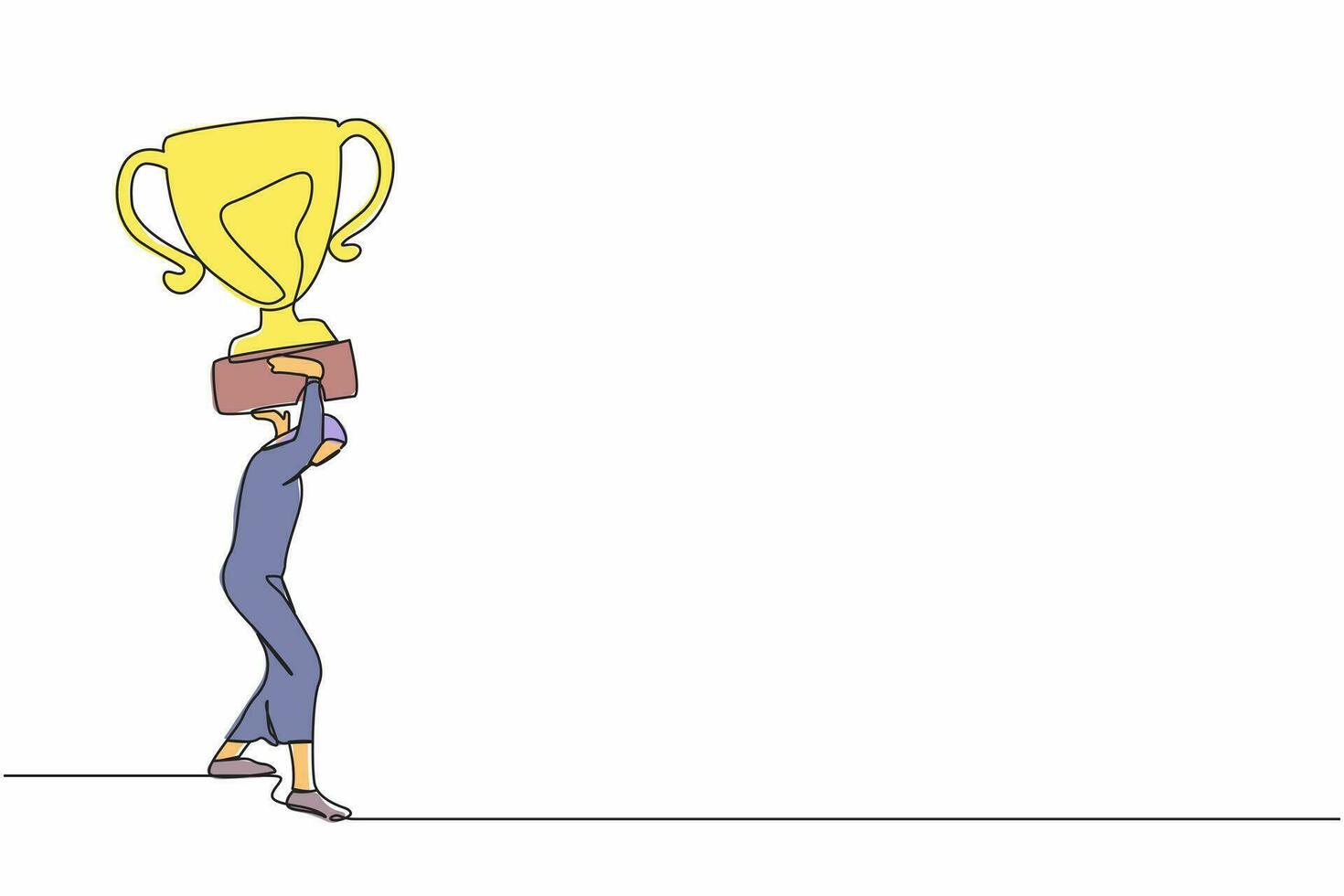 Single continuous line drawing Arab businesswoman carrying heavy trophy on her back. Female worker fail to achieve goal. Delayed career path at office. One line draw graphic design vector illustration