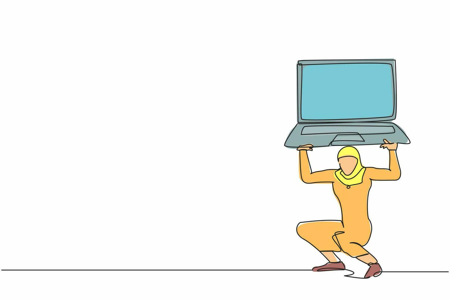 Continuous one line drawing Arabian businesswoman carrying heavy laptop computer on her back. Tired or burnout employee fatigue from work. Boring office worker. Single line design vector illustration