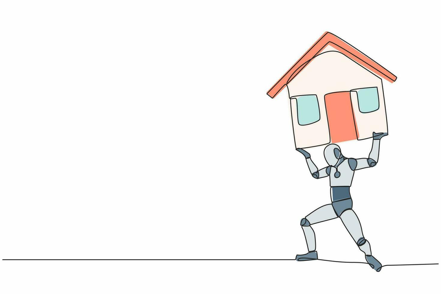 Continuous one line drawing tired robot carrying heavy house on his back. Financial mortgage problem, taxes expenses. Humanoid robot cybernetic organism. Single line graphic design vector illustration