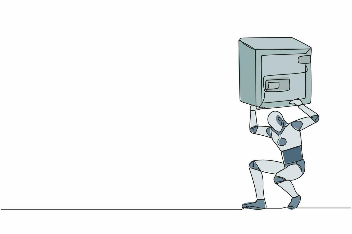 Continuous one line drawing tired robot carrying heavy safe deposit box on his back. Impact in pandemic crisis, bankruptcy at tech industry. Robotic development. Single line design vector illustration