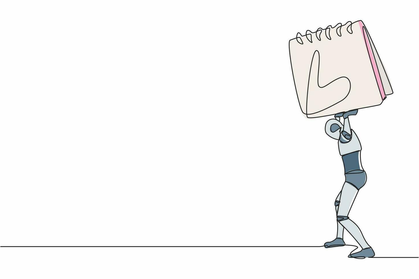soltero uno línea dibujo cansado robot que lleva pesado calendario en su atrás. cyborg con trabajo problema y fecha límite. humanoide robot cibernético organismo. continuo línea gráfico diseño vector ilustración