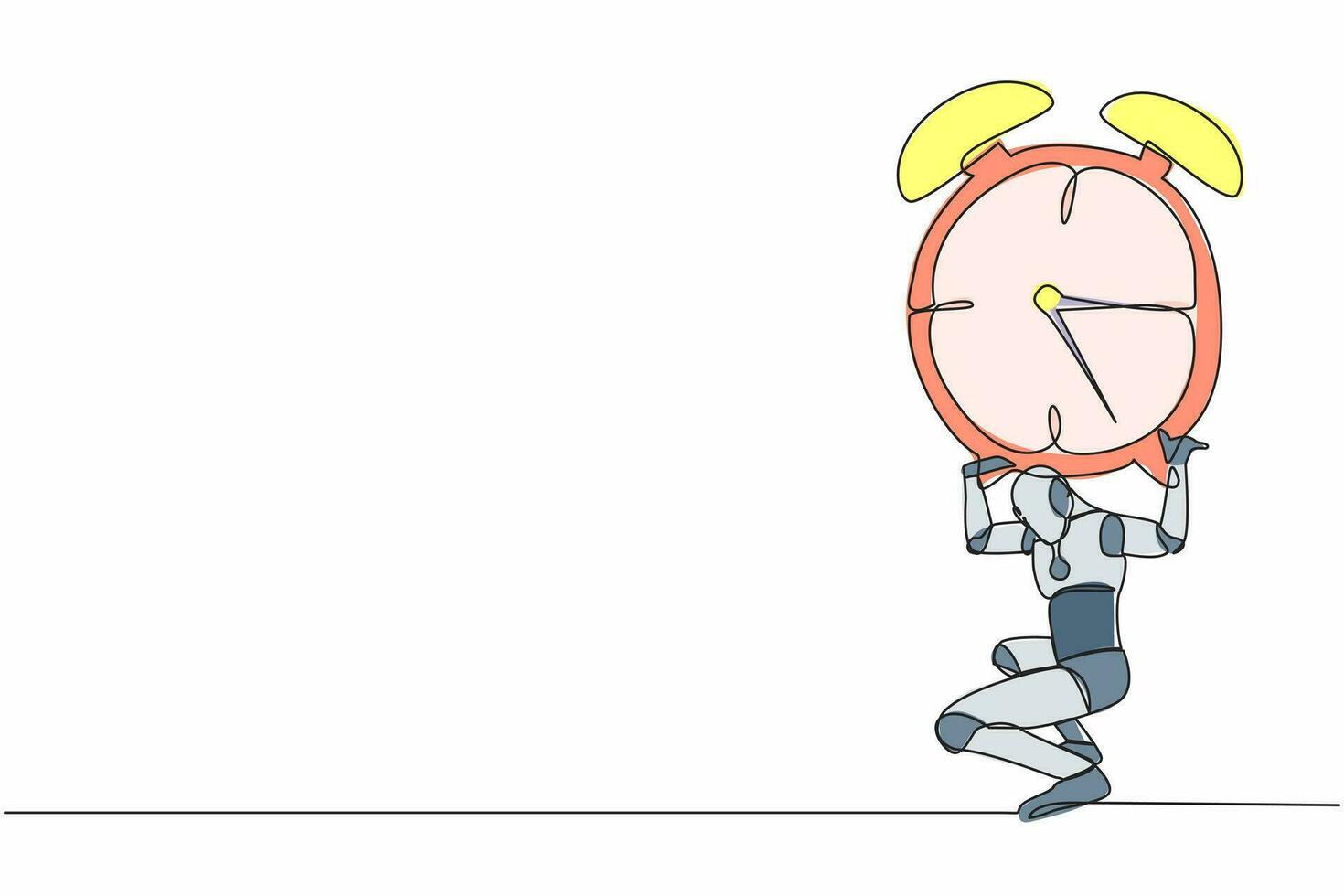 Single one line drawing tired robot carrying heavy alarm clock on his back. Work pressure at tech business project. Robotic artificial intelligence. Continuous line graphic design vector illustration