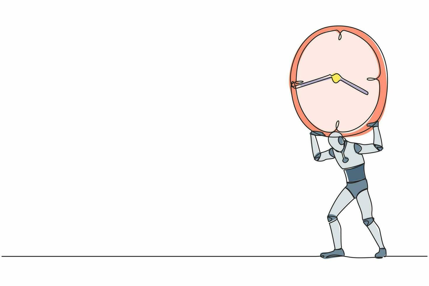 Single one line drawing tired robot carrying heavy clock on his back. Robot work within deadline and timeline, under pressure. Robotic artificial intelligence. Continuous line draw design illustration vector