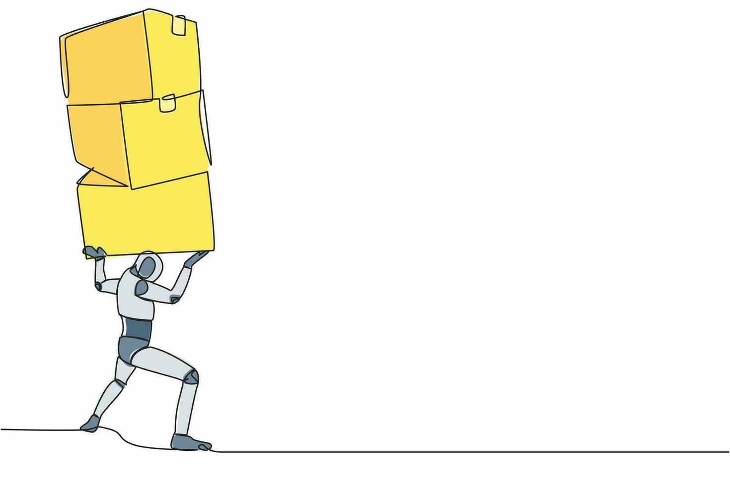 soltero continuo línea dibujo de cansado robot que lleva pesado pila de caja en su atrás. sobrecargado de trabajo cyborg con apilar de cartulina. humanoide robot cibernético organismo. uno línea diseño vector ilustración