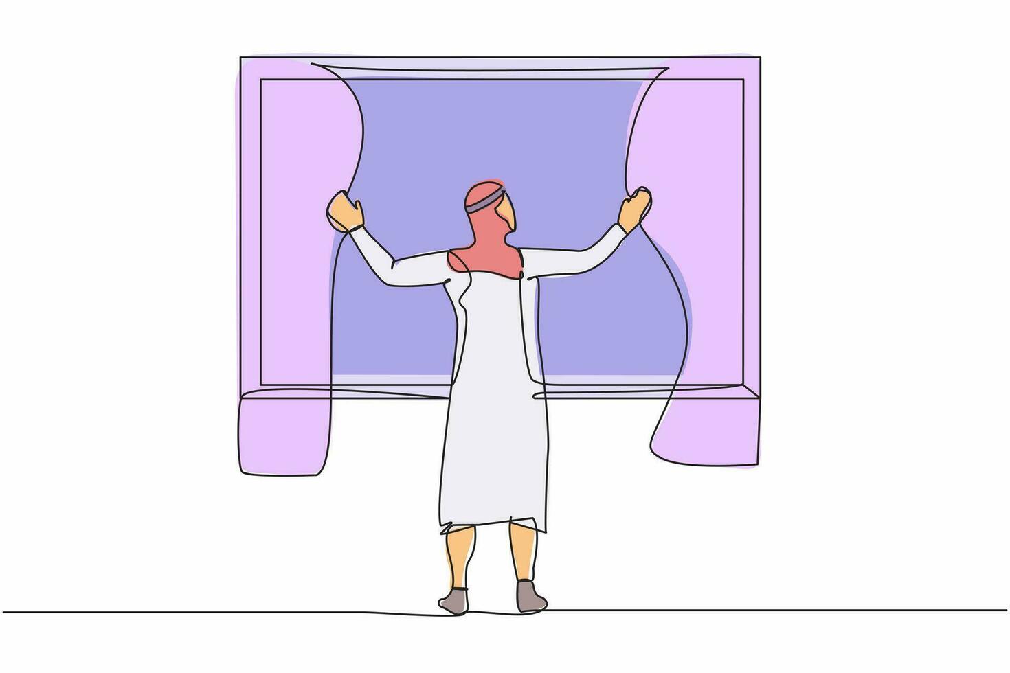 Single one line drawing happy Arab man opening window curtains. Wake up and open curtains in morning to get fresh air. Young male standing at windows. Continuous line draw design vector illustration