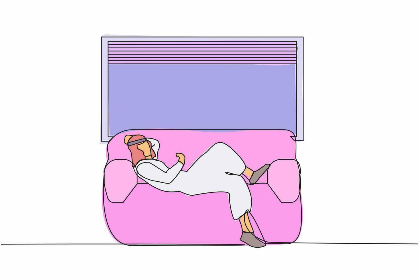 Single one line drawing young Arab man lying on sofa near windowsill at home. Male resting in couch near window. Spending time, relaxing after work. Continuous line graphic design vector illustration