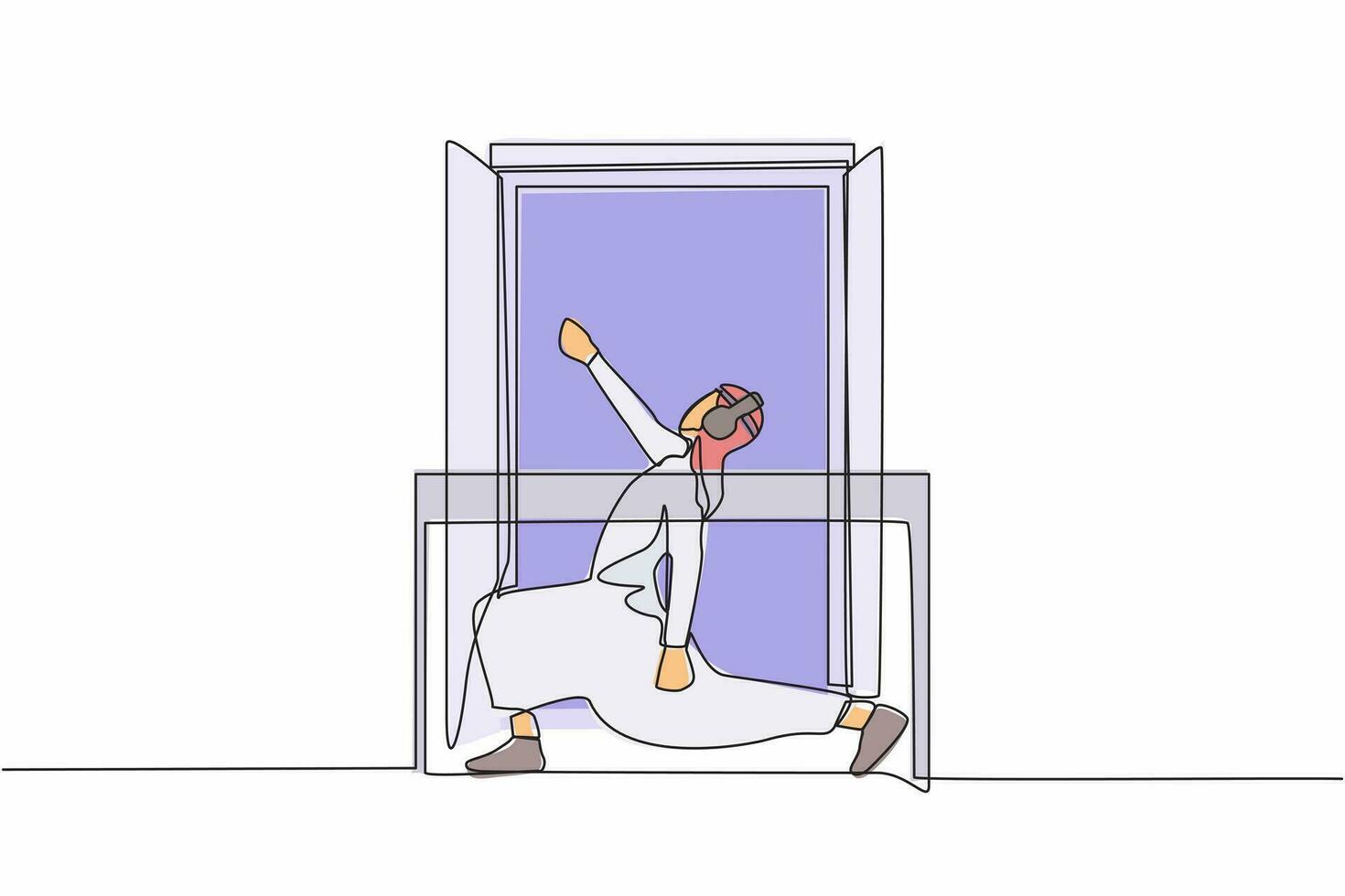 Continuous one line drawing healthy Arabian man with headphone practices yoga near window or balcony. Sports activity, workout, exercise, fitness, indoors. Single line draw design vector illustration