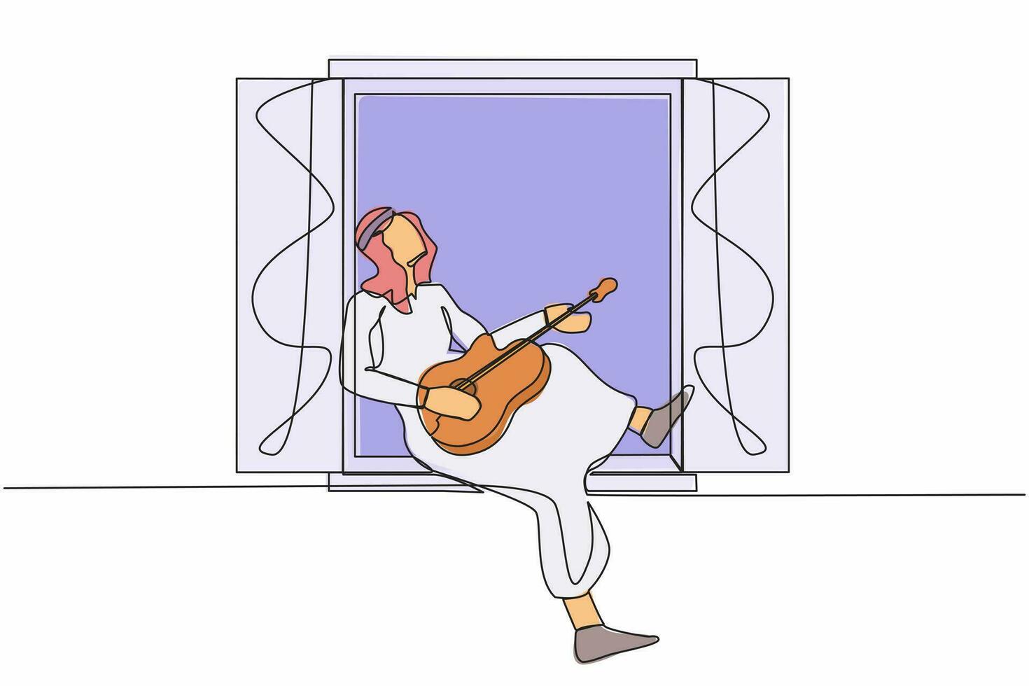 Single continuous line drawing young Arabian man sitting on windowsill playing guitar and sing song. Stay at home, human life, relaxation, comfort, romantic. One line draw design vector illustration