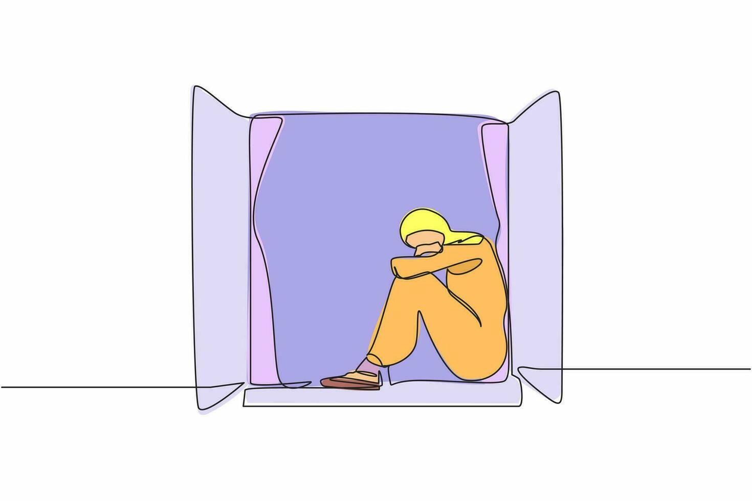 Single one line drawing desperate young Arab woman sitting on windowsill. Upset, depression, stress, melancholy, despair, frustration, life problems. Continuous line design graphic vector illustration
