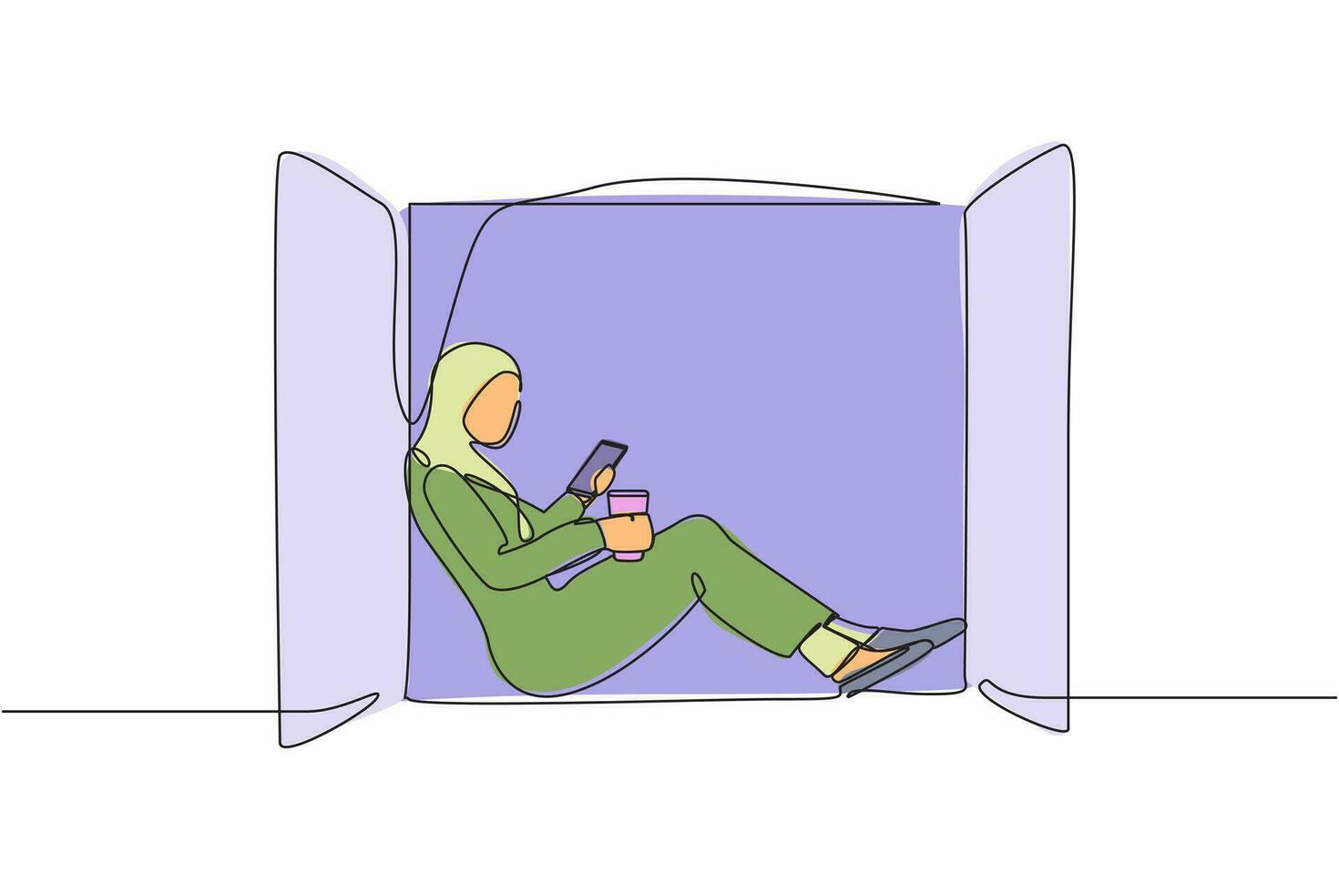 Continuous one line drawing Arab woman sitting on windowsill with coffee and enjoying rest time with smartphone. Female relaxing at home with mobile phone. Single line draw design vector illustration