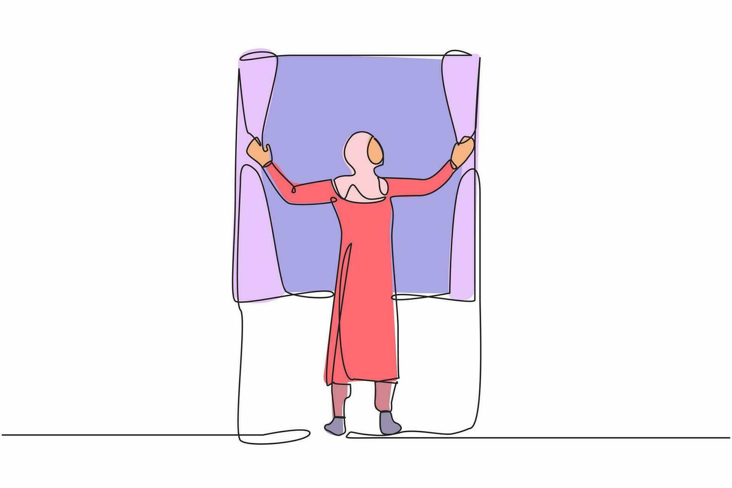Continuous one line drawing back view of young Arabian woman standing and opening window curtains. Concept of person wake up in morning to get fresh air. Single line design vector graphic illustration