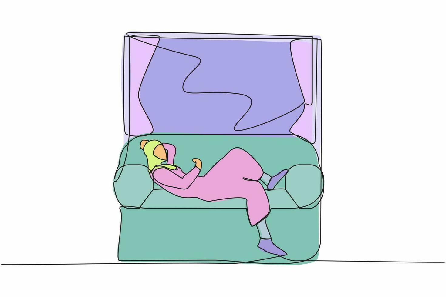 Single continuous line drawing young Arab woman lying on sofa near windowsill. Female resting in room near window. Spending time at home, relaxing after work. One line draw design vector illustration