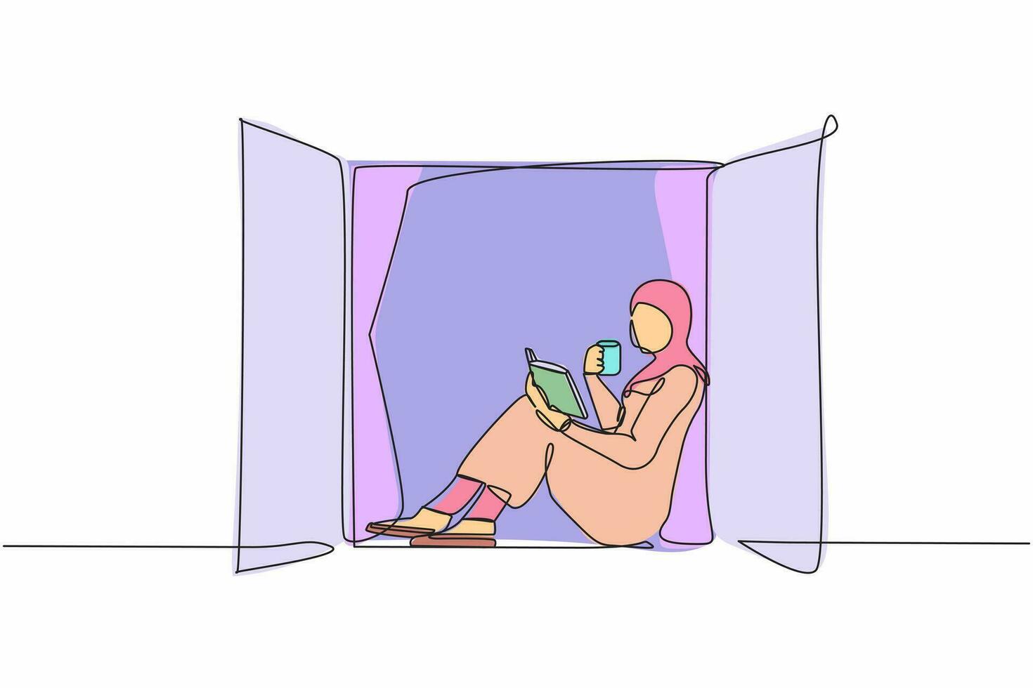 Continuous one line drawing Arabian woman on windowsill reading book with cup of hot coffee or tea. Enjoy fresh air in window of room. Stay at home. Single line draw design vector graphic illustration