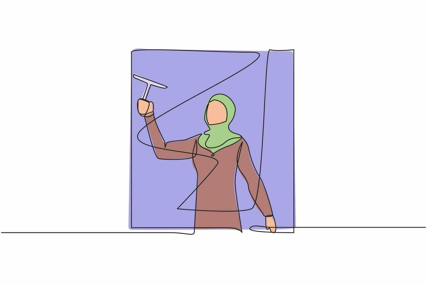Continuous one line drawing young Arabian woman cleaning windows with glass cleaner tools. Washing windows with bucket, detergent, wet rag. Daily housework. Single line draw design vector illustration