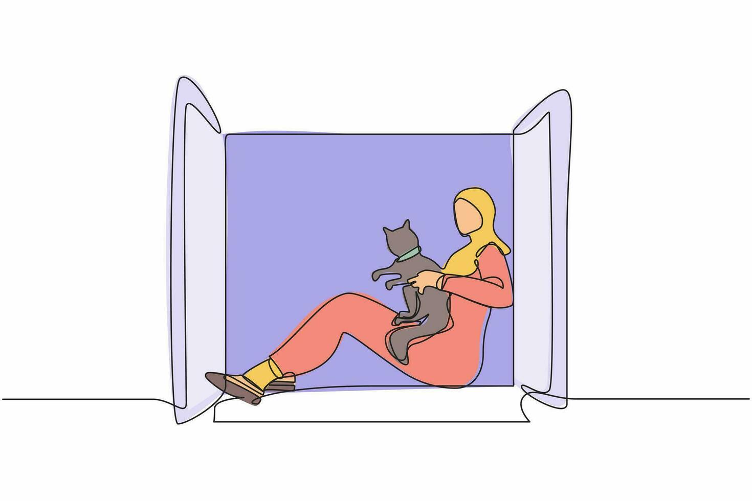 soltero uno línea dibujo joven árabe mujer sentado en antepecho y participación gato. contento niña con su mascota, urbano estilo de vida. descansando durante pandemia. continuo línea diseño gráfico vector ilustración