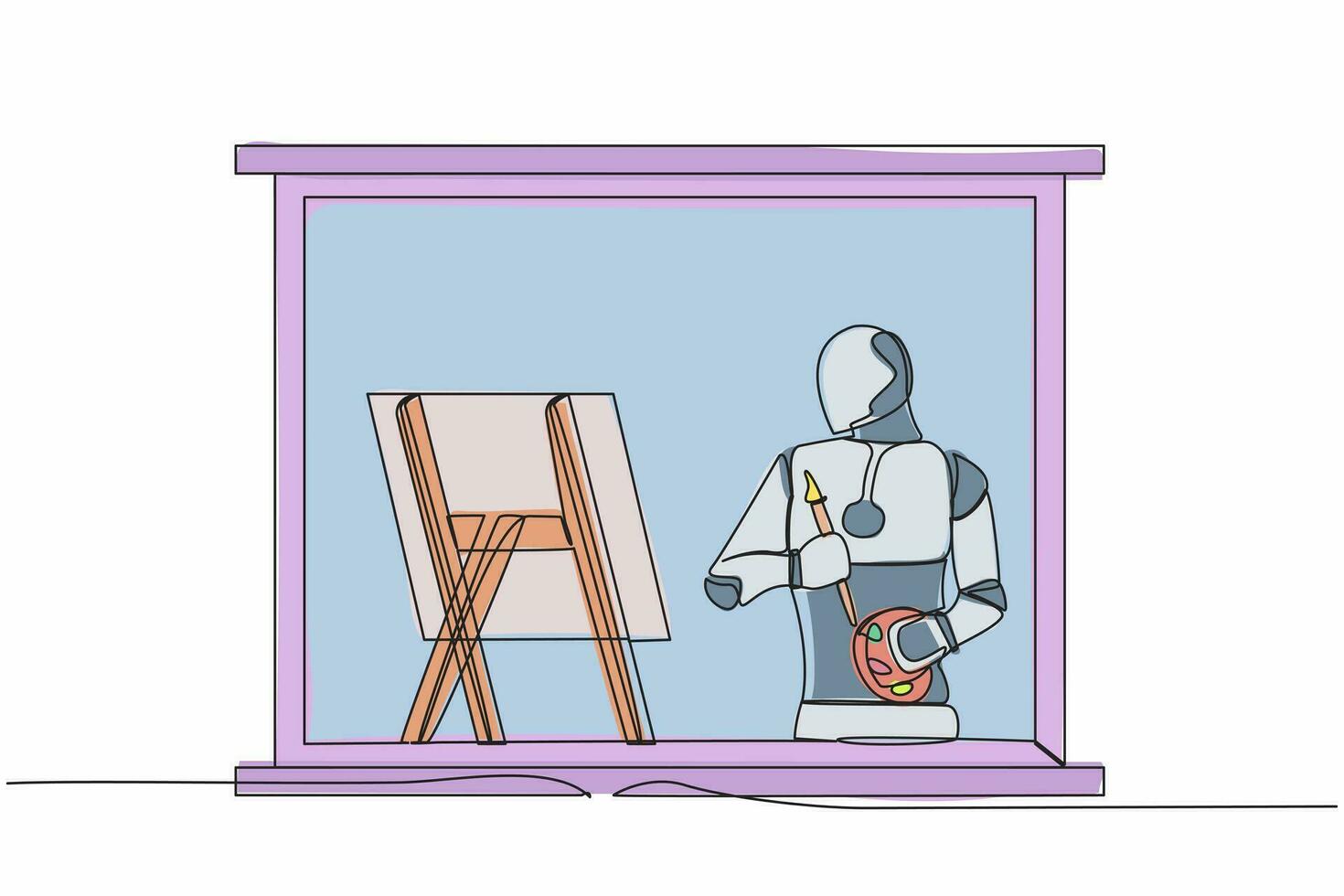 Single continuous line drawing robot  painter drawing indoor near window, holding paint brush and palette, sketching on canvas. Future technology development. One line draw design vector illustration