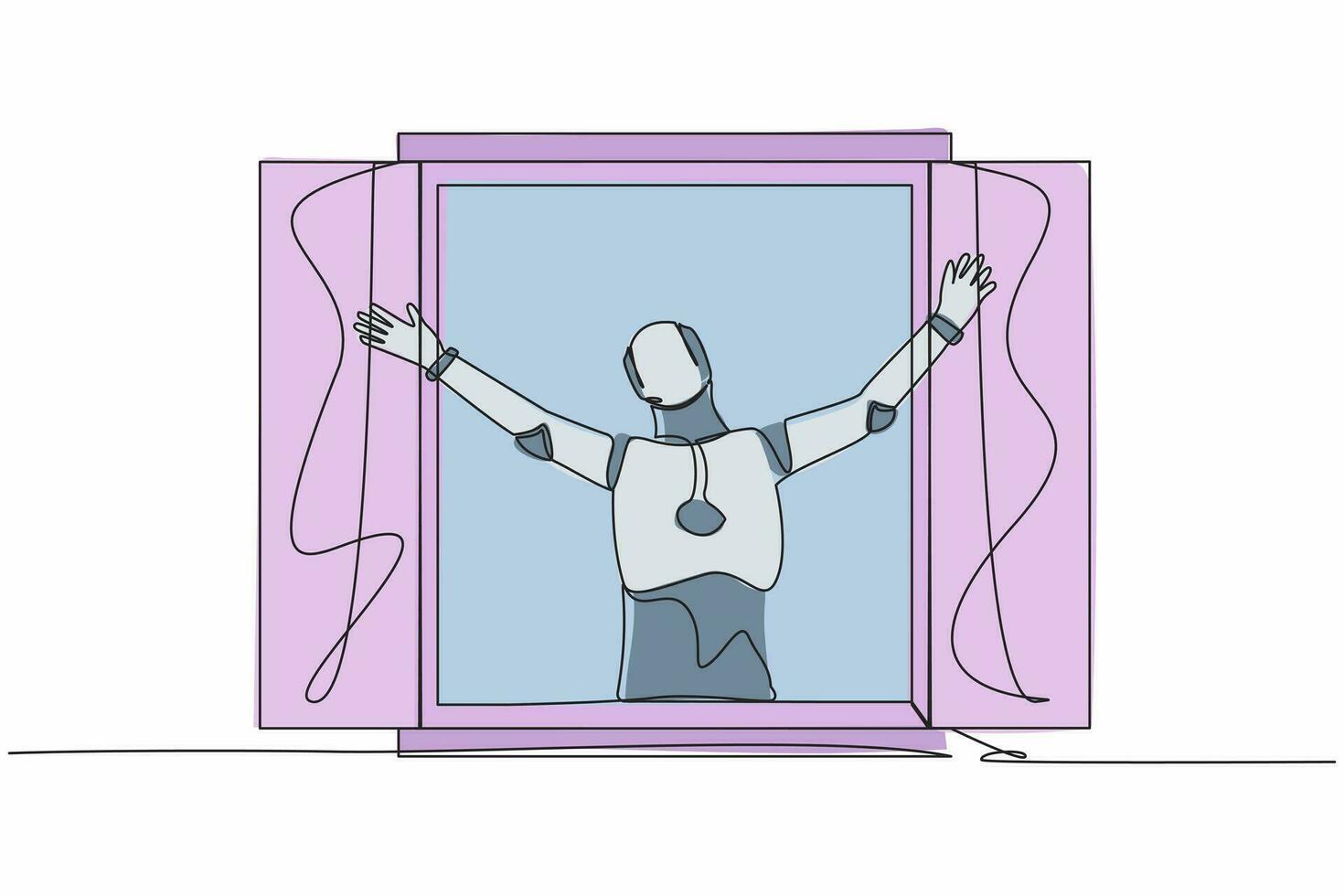 Single one line drawing happy robot looking out of window meet new day breathe fresh air. Robot artificial intelligence. Electronic technology industry. Continuous line draw design vector illustration
