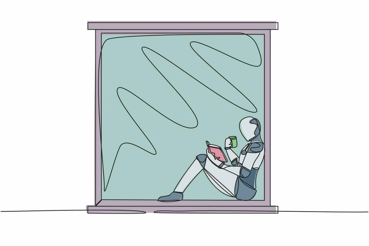 Continuous one line drawing robot on windowsill with cup of hot coffee or tea, reading book. Enjoying a day in window. Humanoid robot cybernetic organism. Single line draw design vector illustration