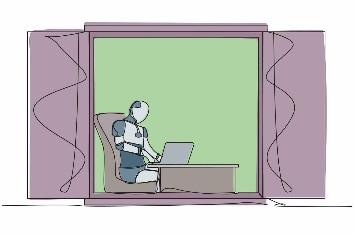 soltero continuo línea dibujo robot sentado a escritorio y utilizando ordenador portátil cerca ventana. fábrica gestión. futuro tecnología desarrollo. artificial inteligencia. uno línea dibujar diseño vector ilustración