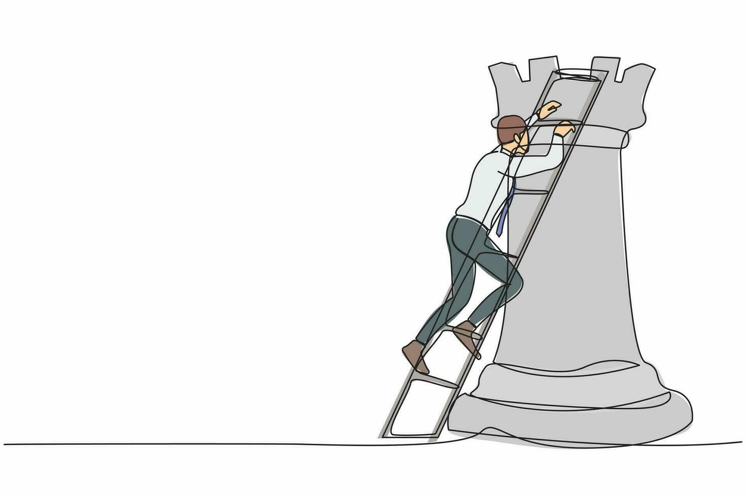Continuous one line drawing active businessman climb huge rook chess piece with ladder. Company strategy success using powerful move for advantage. Single line draw design vector graphic illustration