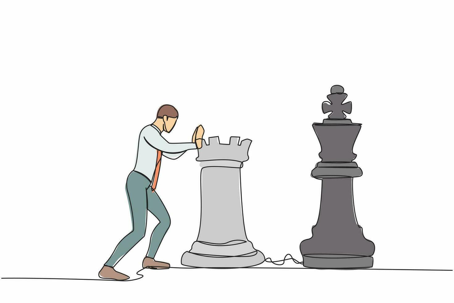 Single one line drawing competitive businessman push huge rook chess piece to beat king. Business strategy and marketing plan. Strategic move. Continuous line draw design graphic vector illustration