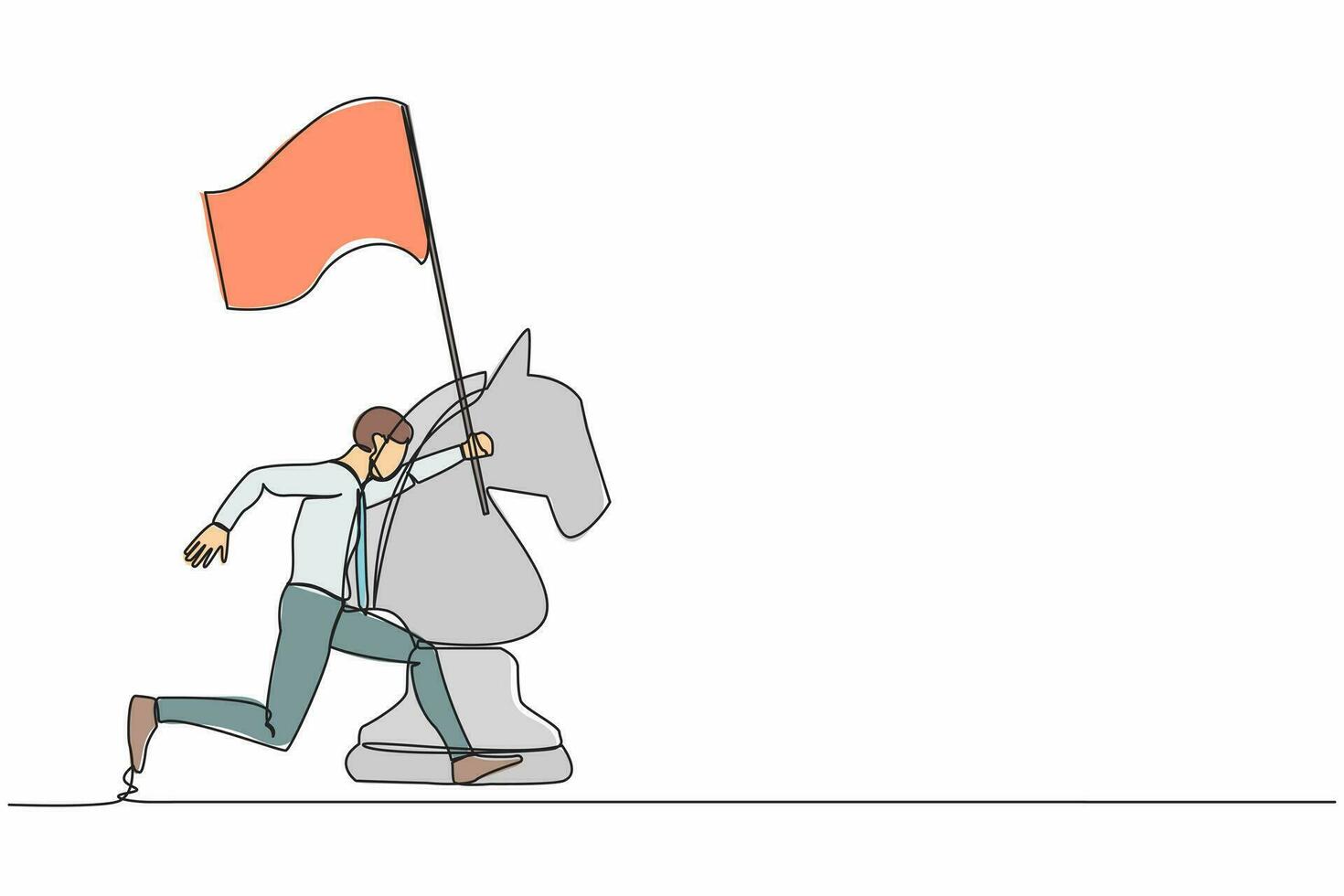 Single continuous line drawing happy businessman running and holding flag beside big horse chess piece. Business achievement goal, win competition. Dynamic one line graphic design vector illustration