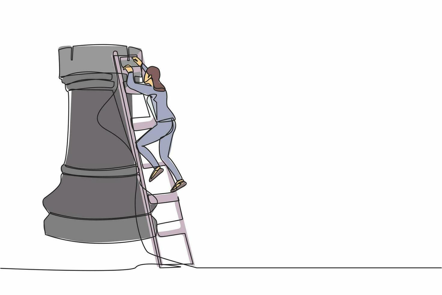 Continuous one line drawing beautiful businesswoman climb huge rook chess piece with ladder. Company strategy success using powerful move for advantage. Single line design vector graphic illustration