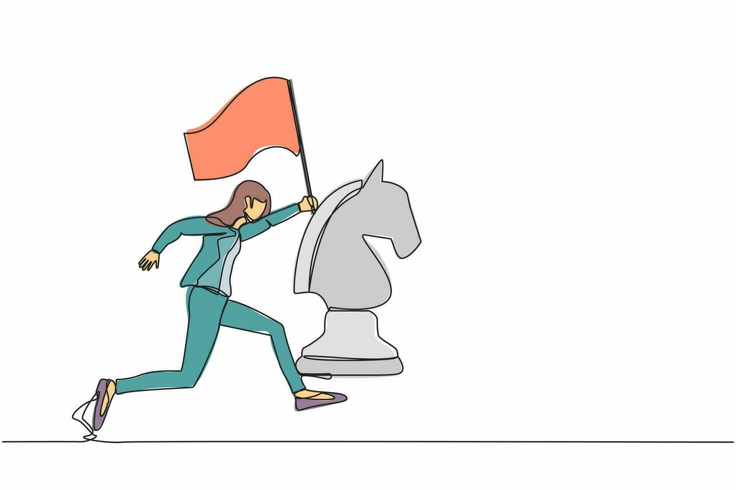 Single continuous line drawing beautiful businesswoman running and holding flag beside big horse chess piece. Celebrate business achievement goal, win competition. One line design vector illustration