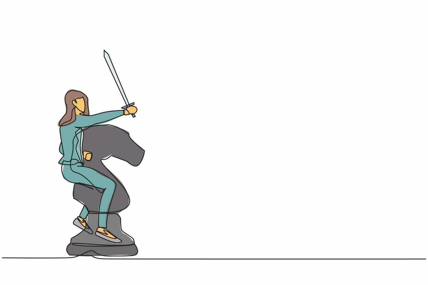 Continuous one line drawing competitive businesswoman riding big horse chess piece with sword. Business challenge for winning competition, achievement goal. Single line draw design vector illustration