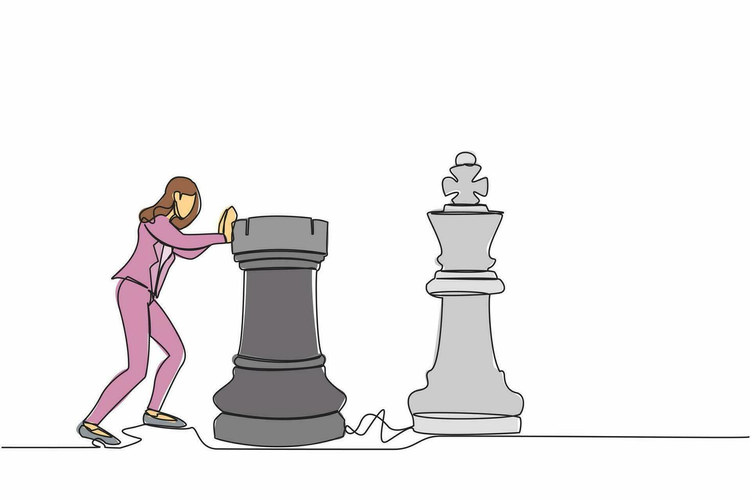 Single continuous line drawing smart businesswoman push huge rook chess piece to beat king. Business strategy to winning market competition. Strategic move. One line graphic design vector illustration