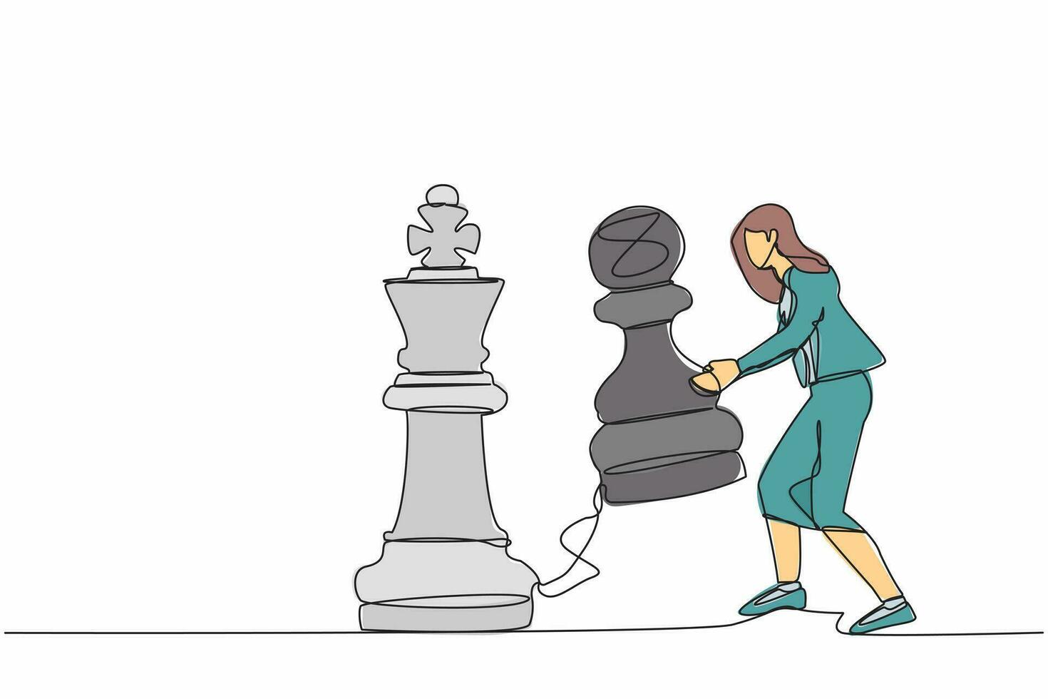 Continuous one line drawing businesswoman lifting pawn chess piece to beat king chess. Strategic planning, business development strategy, tactics in game. Single line draw design vector illustration