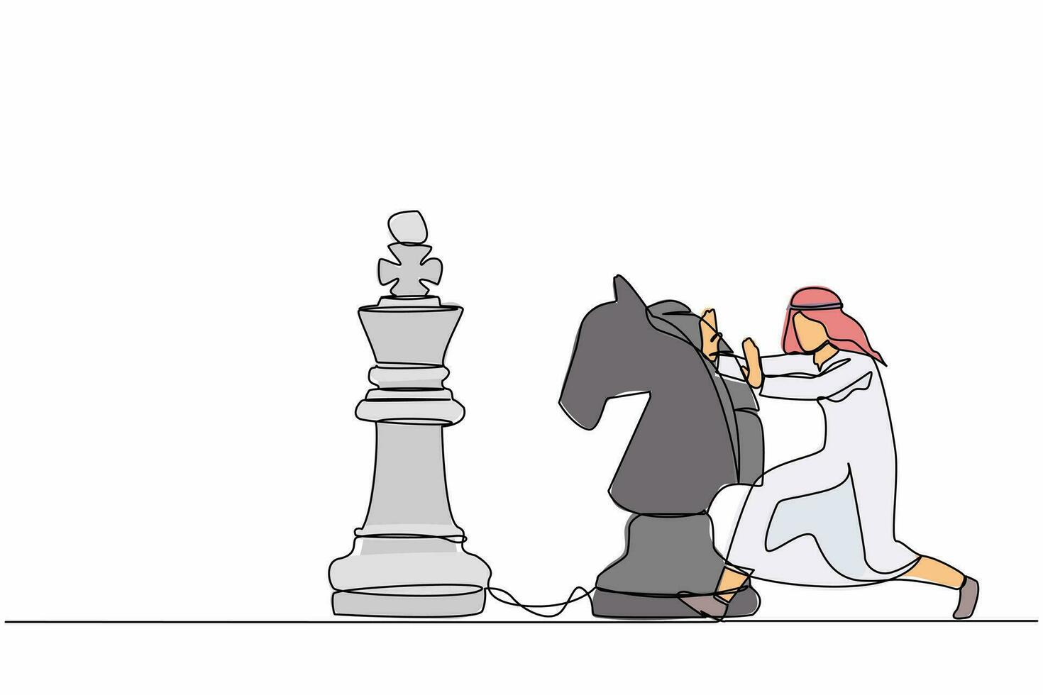 Single one line drawing Arabian businessman push huge horse chess piece to beat king. Strategic thinking and smart move in business play game. Continuous line draw design graphic vector illustration