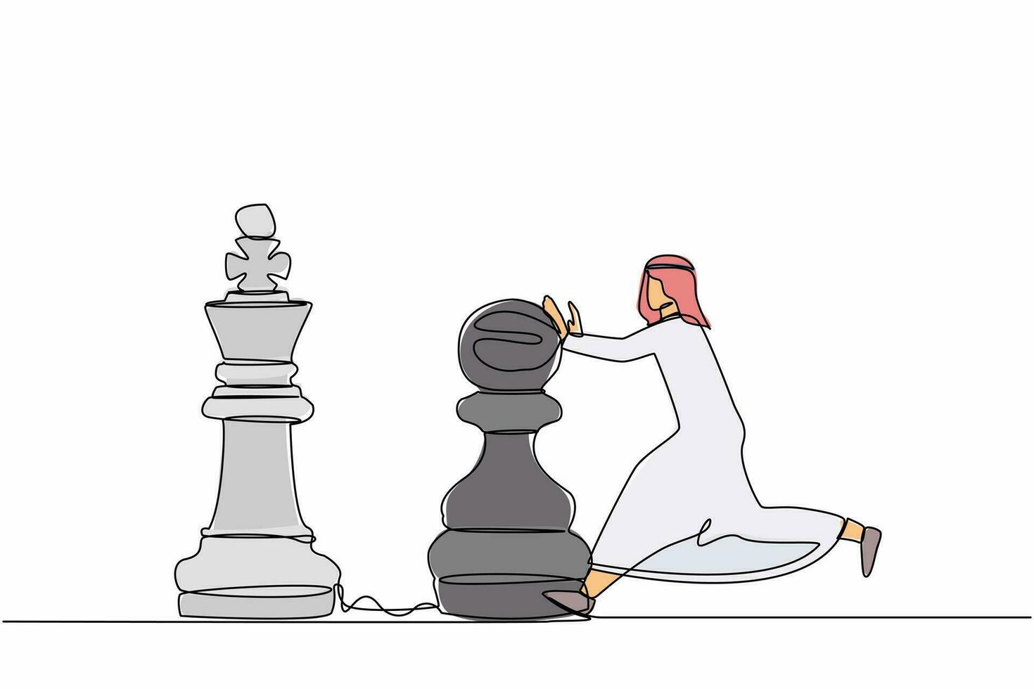 Continuous one line drawing intellect Arab businessman push huge pawn chess piece to beat king. Strategic thinking and smart move in business play game. Single line design vector graphic illustration