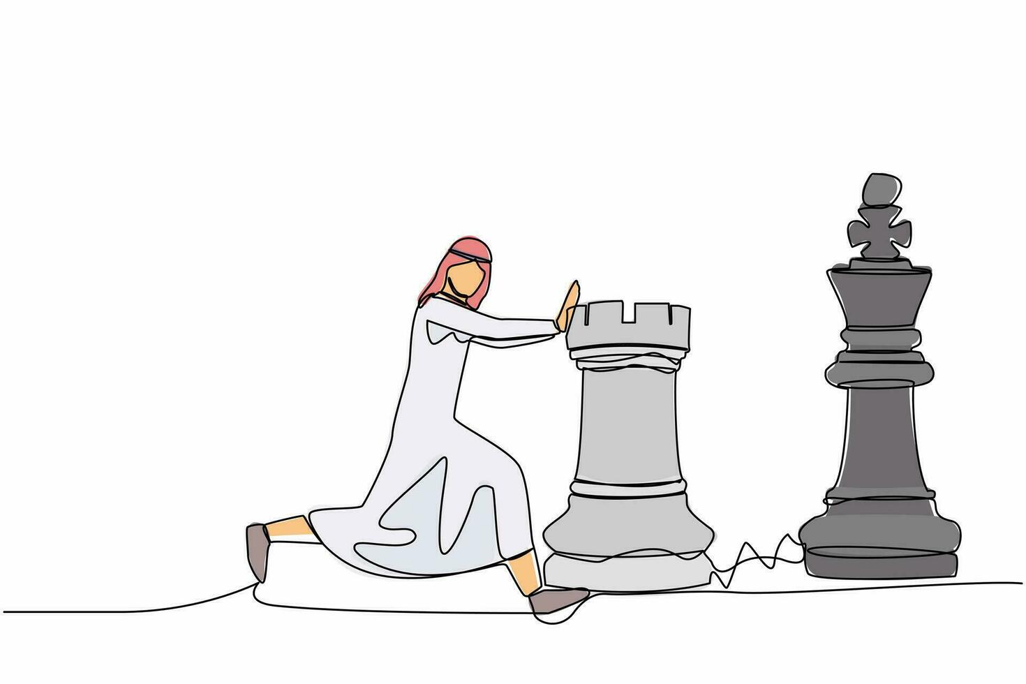 Single one line drawing competitive Arab businessman push huge rook chess piece to beat king. Business strategy and marketing plan. Strategic move. Continuous line design graphic vector illustration