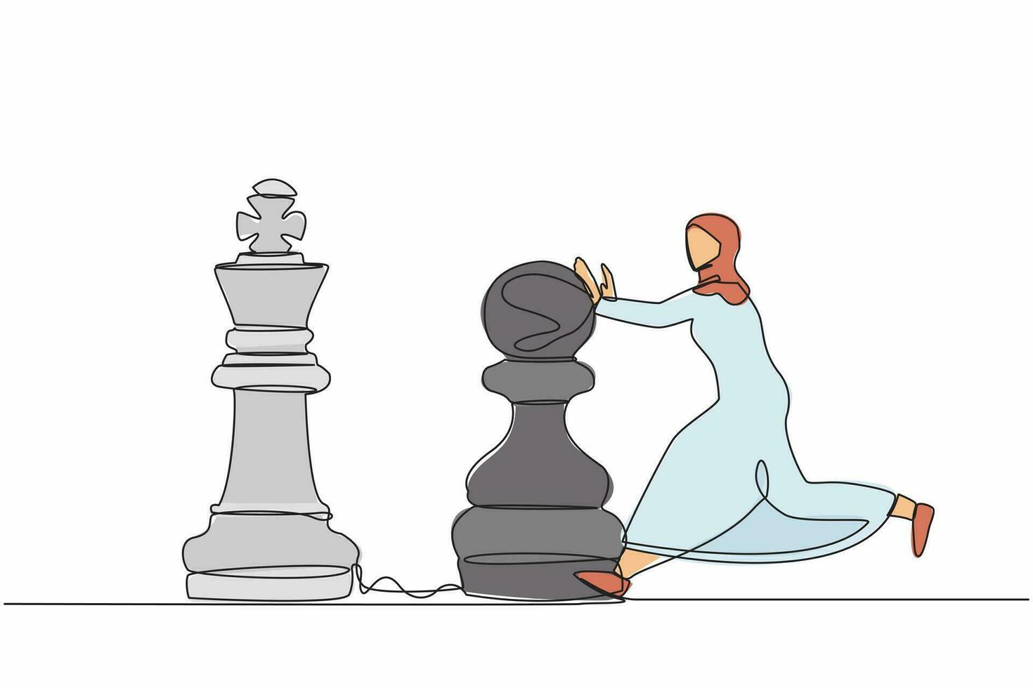 Single continuous line drawing attractive Arabian businesswoman push huge pawn chess piece to beat king. Strategic thinking, smart move in business play game. One line draw design vector illustration