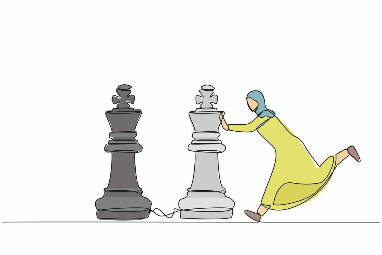 Continuous one line drawing active Arab businesswoman push huge king chess piece to beat another king. Business strategy, marketing plan, winning game play. Single line draw design vector illustration