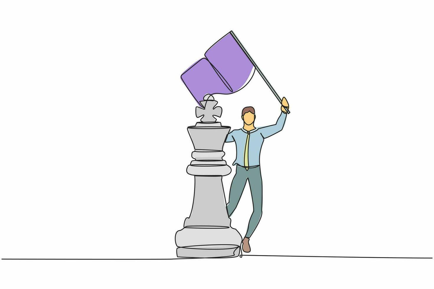 Single one line drawing businessman waving flag on king chess piece metaphor of win competition. Success strategy and goal achievement. Modern continuous line draw design graphic vector illustration