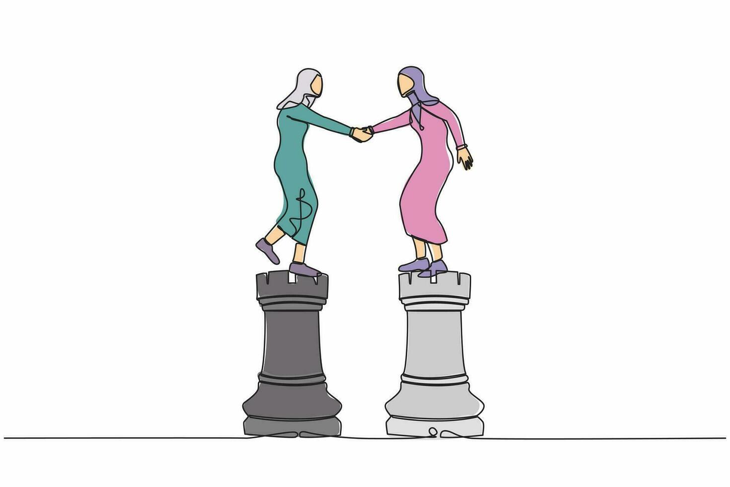 Single continuous line drawing Arab businesswoman shaking hand on rook chess. Negotiation skill to deal with competitor, agreement metaphor, partnership decision. One line design vector illustration