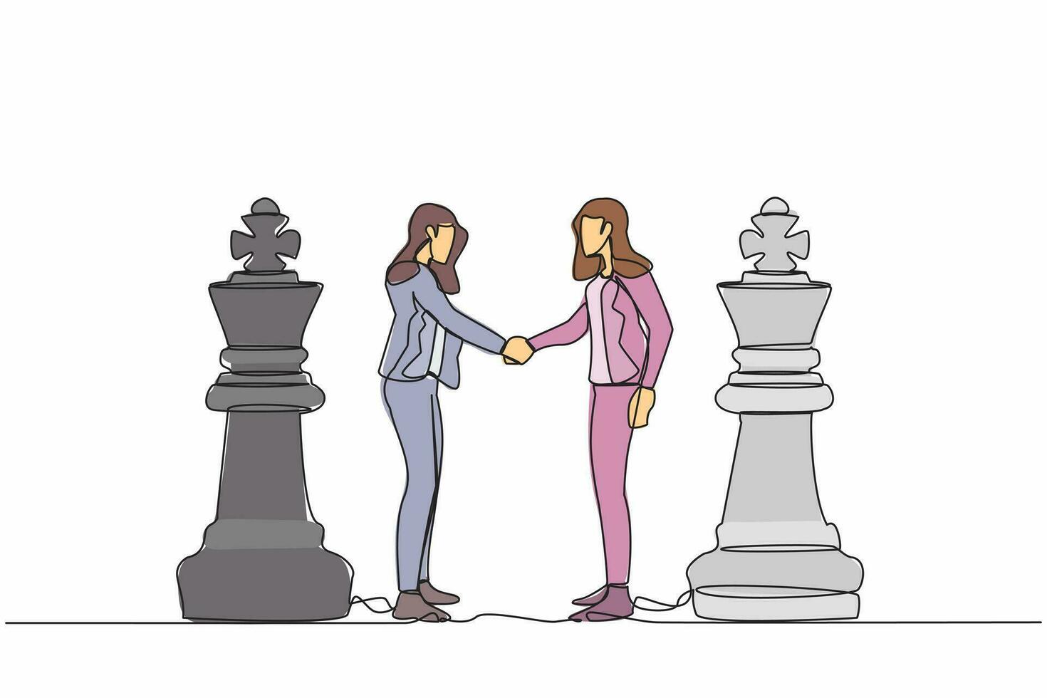 Continuous one line drawing two businesswomen shaking hands together while standing between of king chess pieces. Negotiation skill to deal with competitor. Single line draw design vector illustration