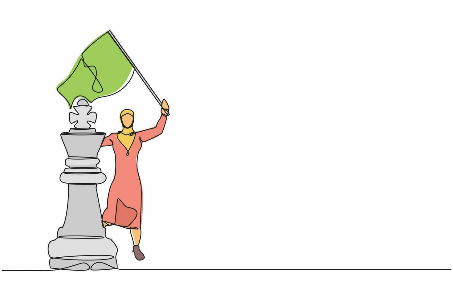 Single continuous line drawing Arab businesswoman waving flag on king chess piece metaphor of win competition. Successful entrepreneurship, goal achievement. One line draw design vector illustration