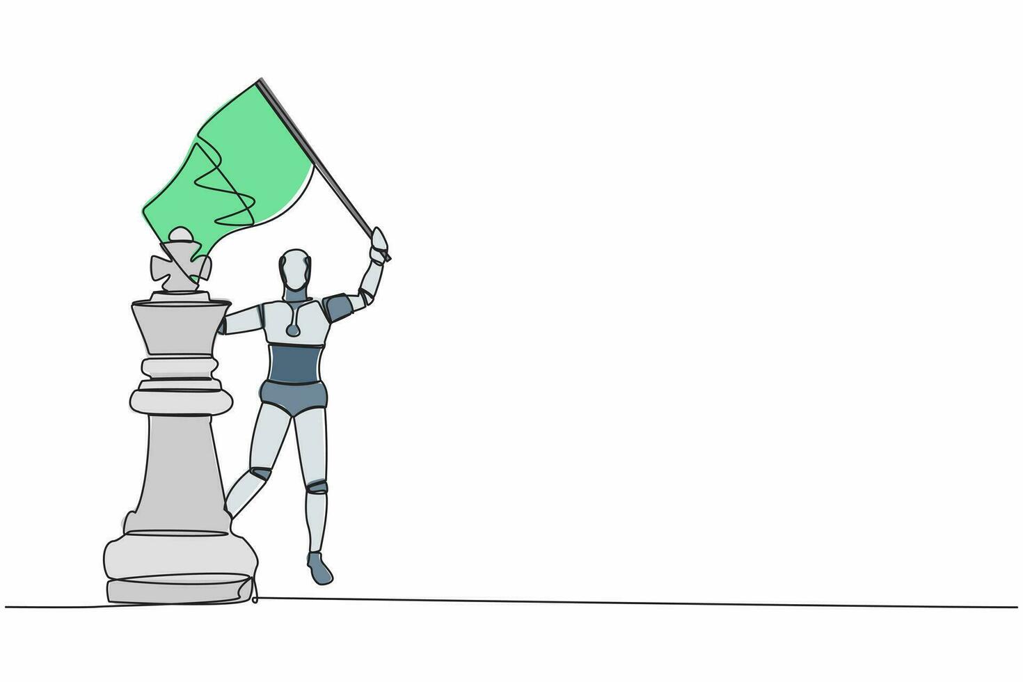 continuo uno línea dibujo robot ondulación bandera en Rey ajedrez pedazo metáfora de ganar competencia. humanoide robot cibernético organismo. futuro robot desarrollo. soltero línea dibujar diseño vector ilustración